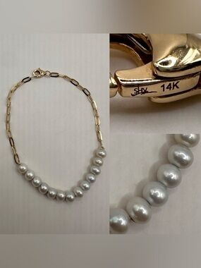 14K Gold Paperclip Chain Bracelet with Freshwater Pearls 7” Inches